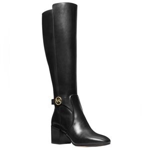 MICHAEL Michael Kors Carmen Leather Riding Boots Tall Black & Gold Logo 8.5 NIB